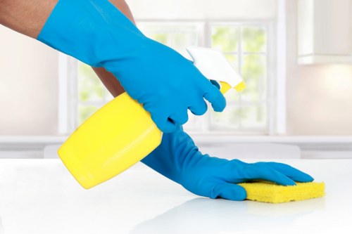 Carpet cleaning technician preparing equipment in a safe residential setting