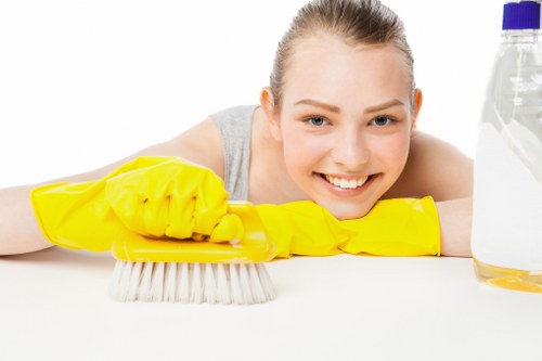Trained carpet cleaner using protective gear during a cleaning job