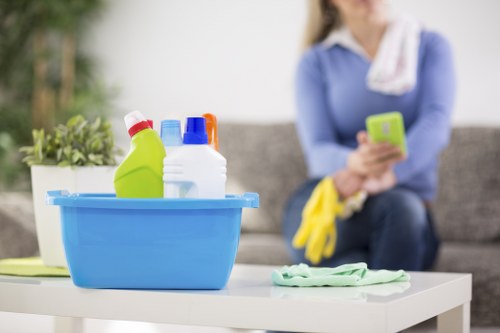 Carpet cleaner preparing a safe work area before cleaning begins