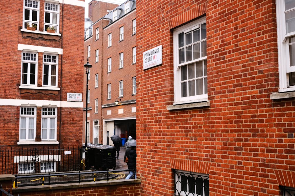 A view of red brick residential buildings on Marylebone High Street in W1, London, with white-framed sash windows and black iron railings. The street sign indicates 'Provence Court W1' and it is daytime with natural light illuminating the scene. The street appears clean and well-maintained, with a narrow alley visible in the background and a person walking near a black waste bin. The image reflects an urban setting typical for deep cleaning and surface maintenance in a residential area, with the scene captured from an elevated perspective showing the building facades and street signage. Carpet Cleaners W1 specializes in domestic cleaning and surface sanitisation in this historic London neighborhood.